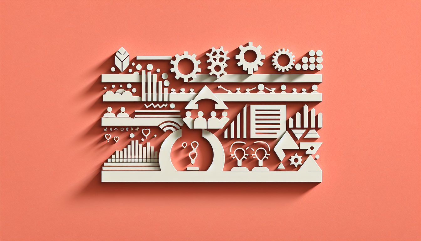 Paper art illustration of documents pen gear and arrow on coral background representing management quiz challenge