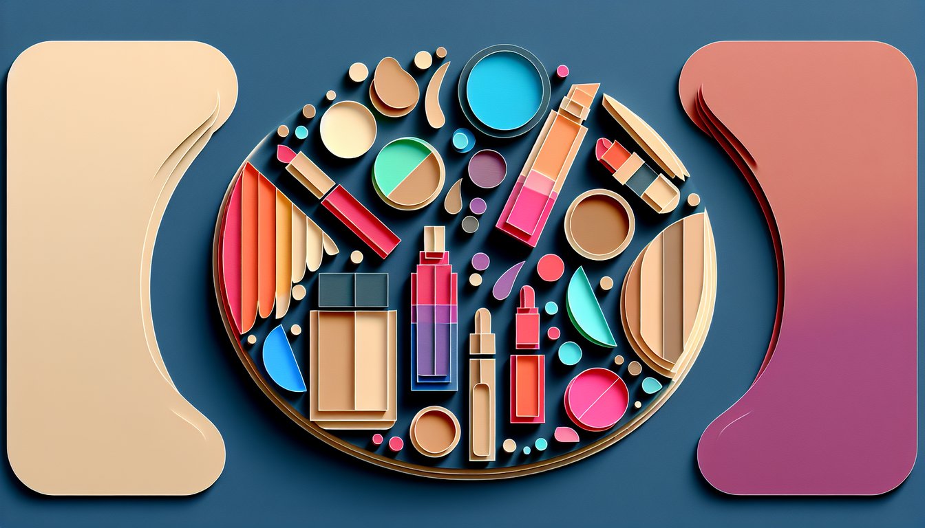 Paper art illustration for foundation quiz testing skin tone, finish, coverage on dark blue background