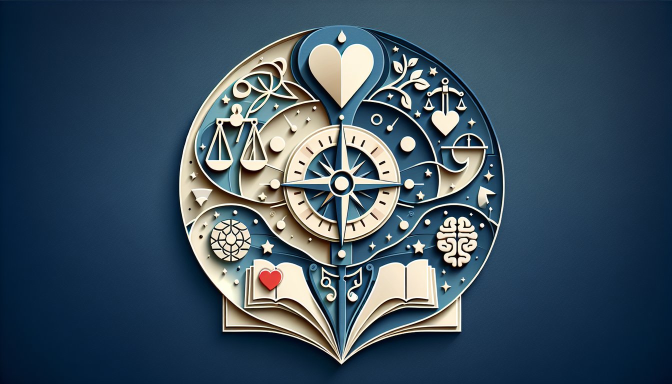 Paper art illustration for a morality quiz on a dark blue background.