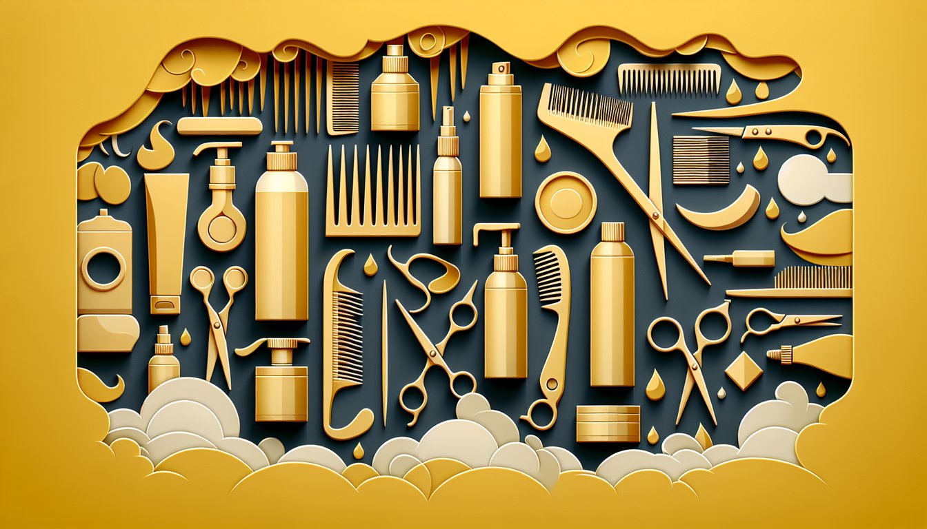 Paper art illustration for a mens grooming and haircut quiz on a golden yellow background.