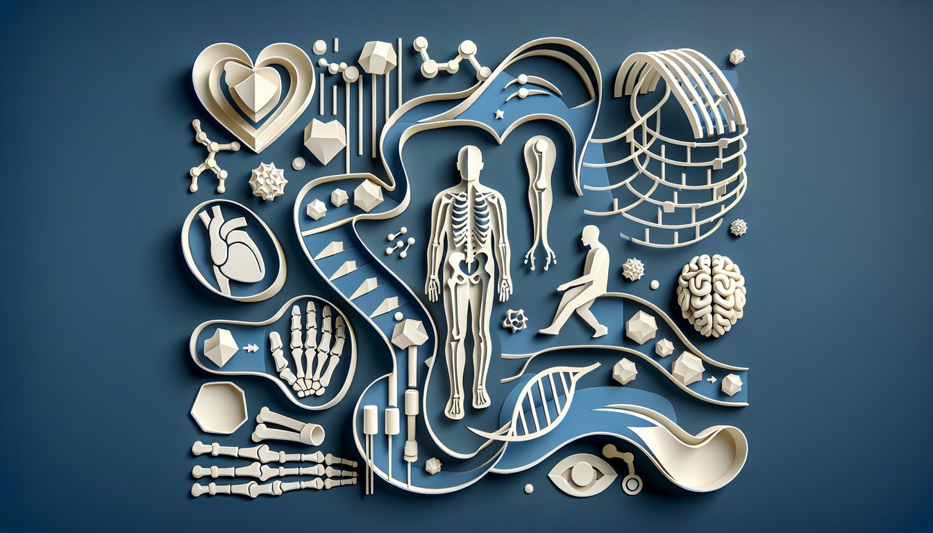 Paper art illustration for Ehlers-Danlos Syndrome quiz highlighting hypermobility, skin elasticity, and joint pain on dark blue background.
