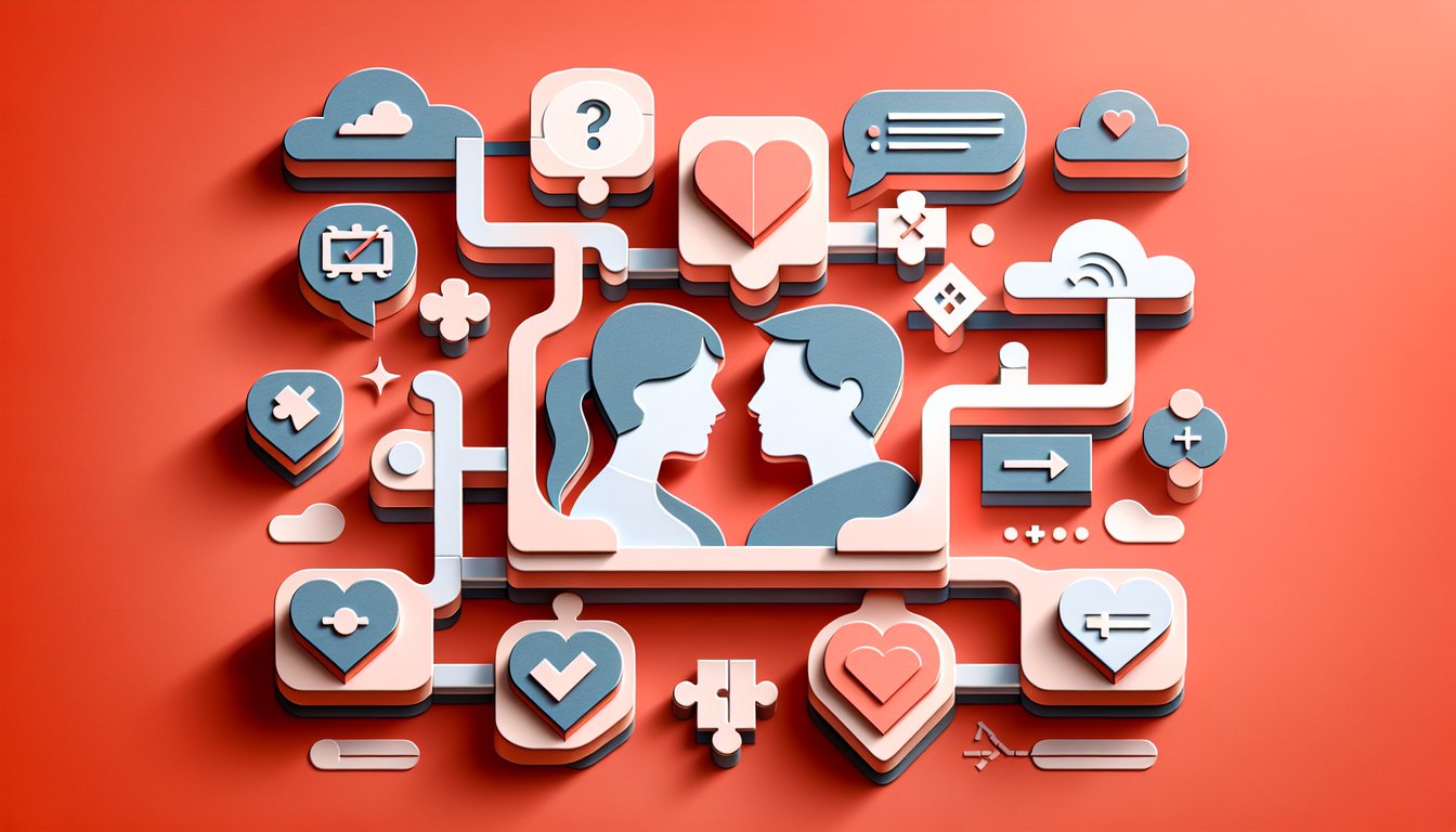 Paper art hearts and chat bubbles on coral background inviting couples to test relationship compatibility quiz