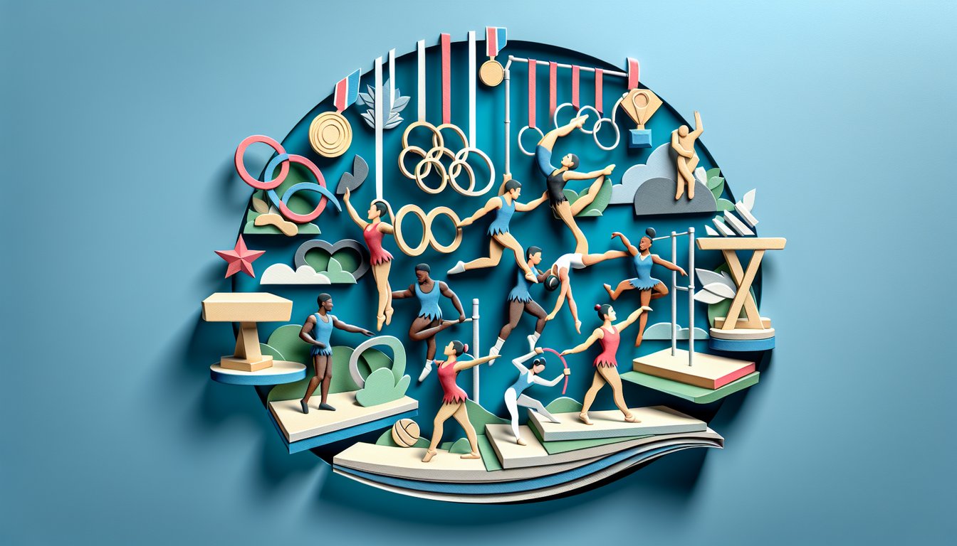 Paper art illustration for gymnastics trivia quiz on a sky blue background