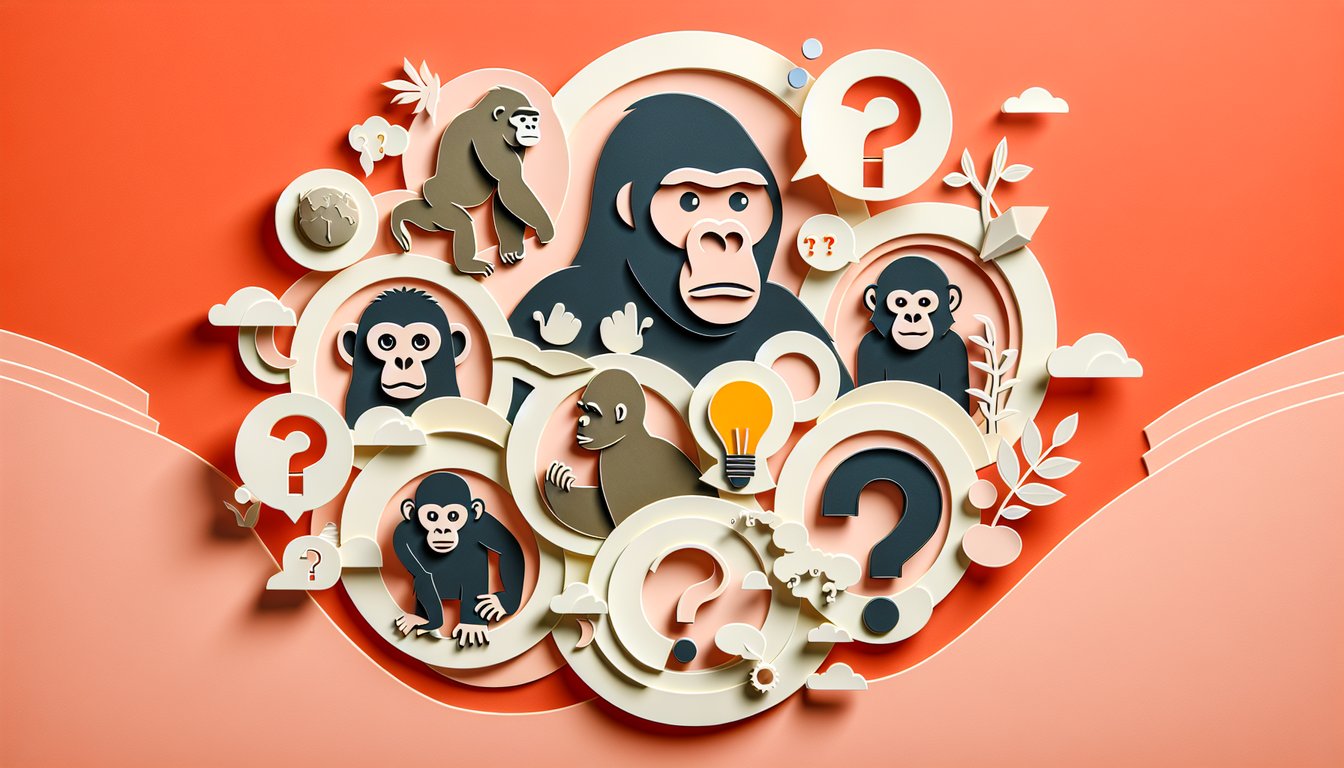 Paper cut art featuring stylized chimpanzees gorillas and free ape trivia quiz title on coral background
