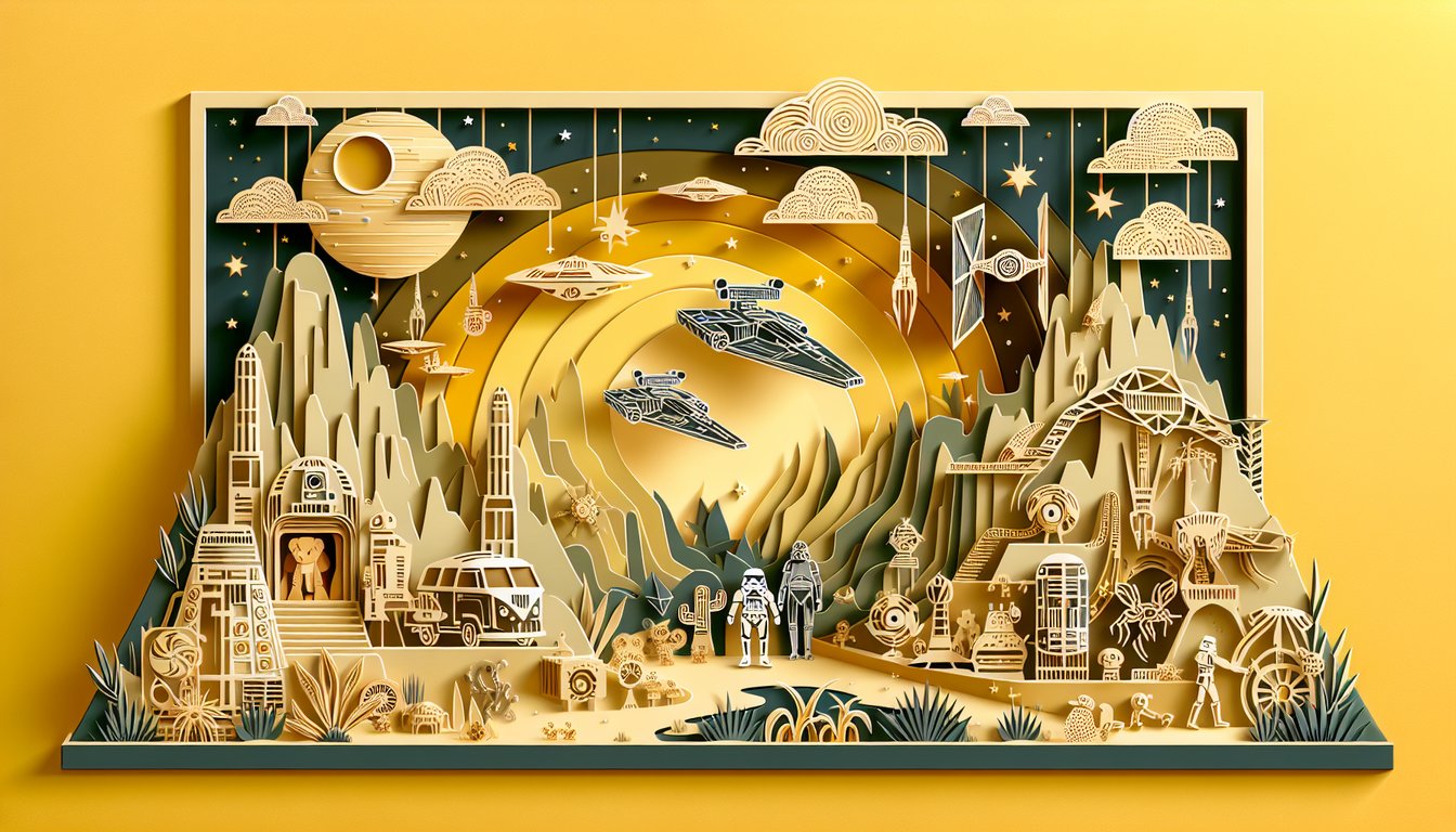 Paper art of obscure Star Wars character silhouettes and lightsabers on golden yellow background for hidden hero villain quiz