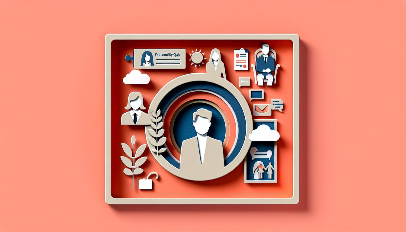 Paper art illustration testing real life persona quiz on coral background with genuine soul and social chameleon