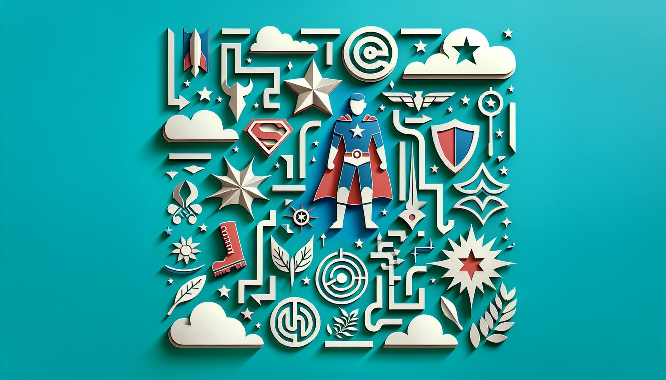 Paper-cut style hero icons and quiz invitation on teal background