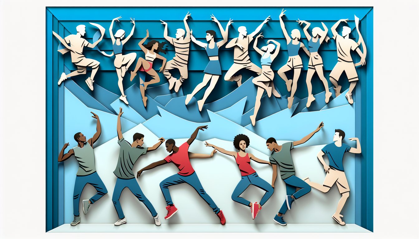 Paper art illustration of dancers striking bold poses on a sky blue background for a free dance style quiz