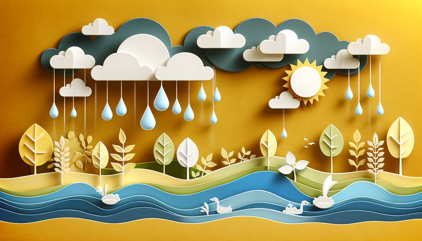 Paper art quiz illustration on water resources and conservation on a golden yellow background