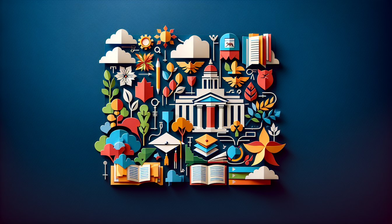 Colorful paper art representing a trivia quiz about California Exam Mastery for students.