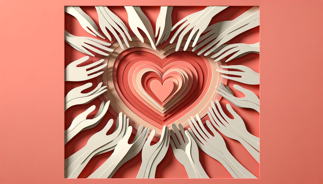 Paper art illustration for love capacity quiz on a coral background