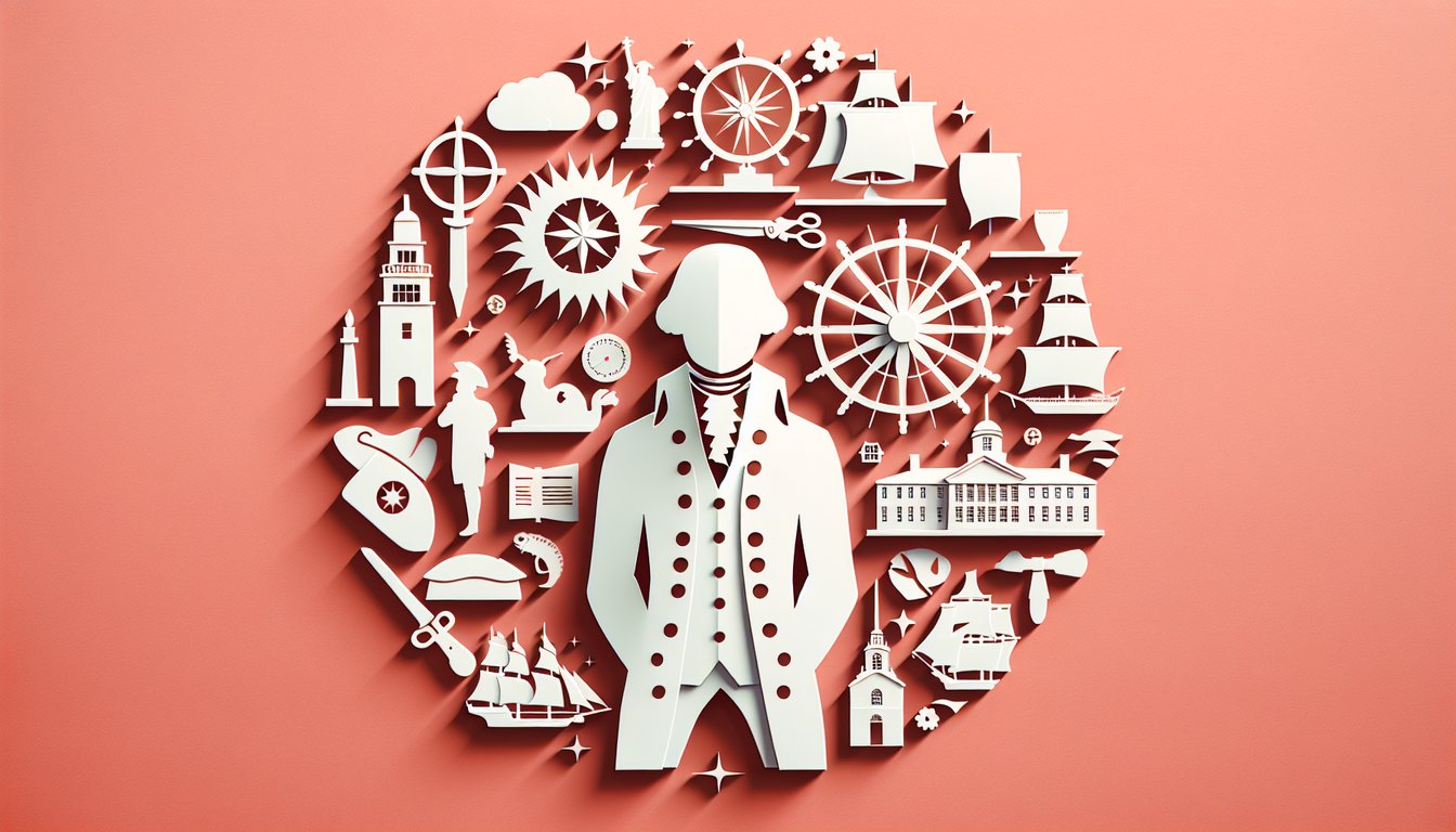 Paper art of colonial building Rhode Island origins quill pen Roger Williams state outline milestones on coral background