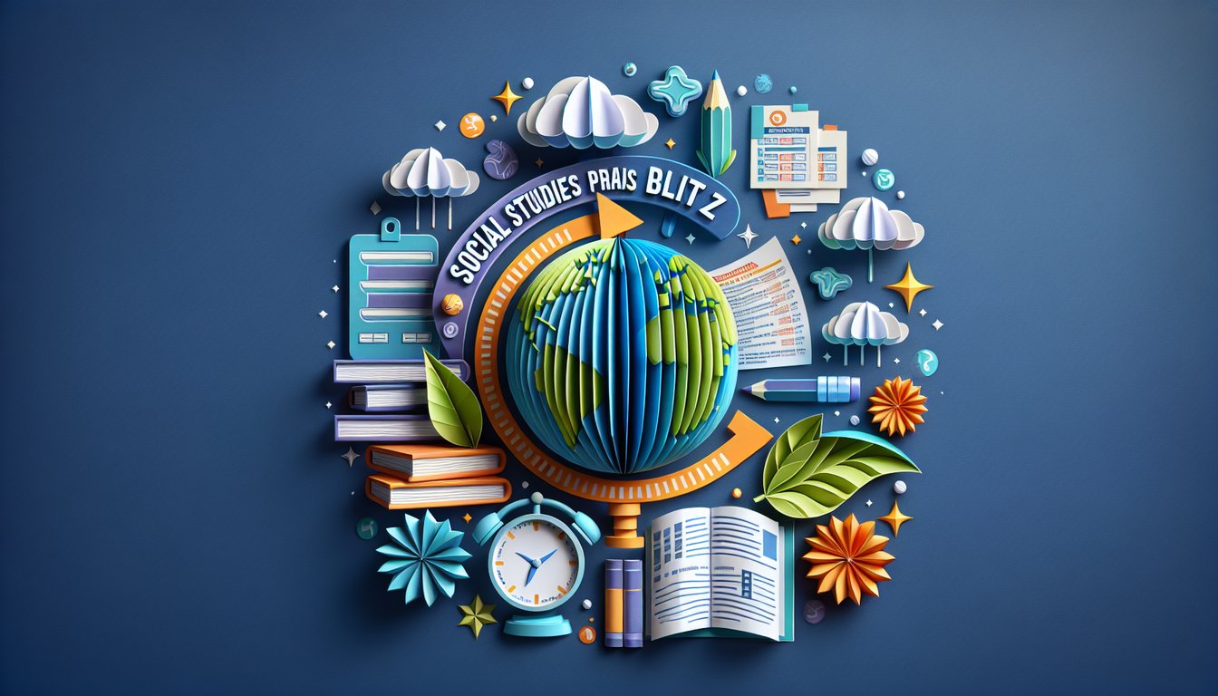 Colorful paper art promoting Social Studies Praxis Blitz, a fast-paced trivia quiz.