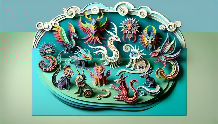 Colorful paper art alebrije illustration for a birthday-based Mexican spirit animal quiz on teal background