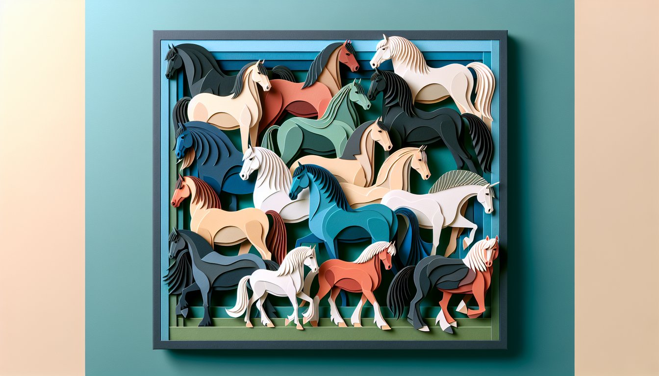 Paper art horse silhouettes and color swatches on teal background inviting free quiz to find your ideal breed color match