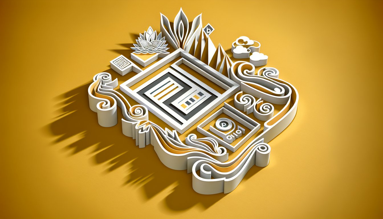 Paper art illustration showing quiz elements slides transitions formatting on a golden yellow background