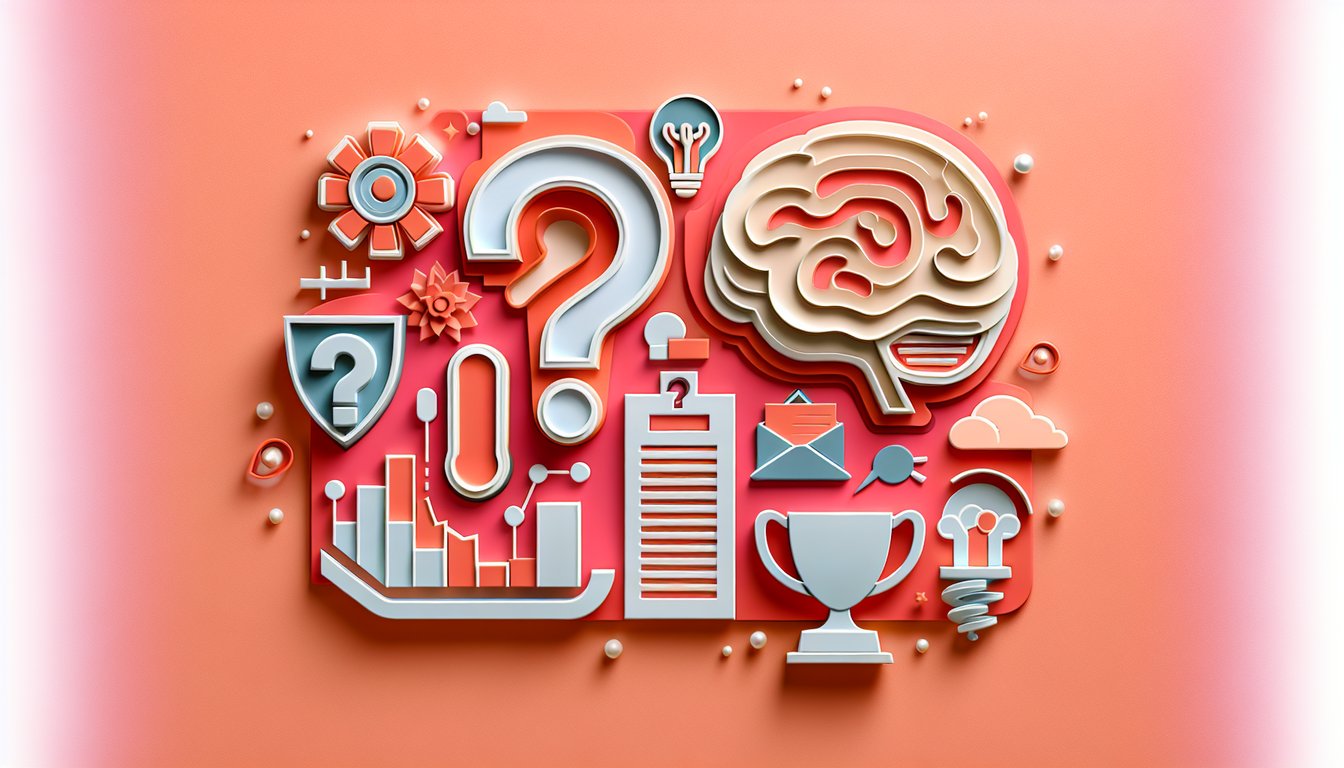 Paper art illustration head with brain gears psychology quiz elements score tracker charts on coral background