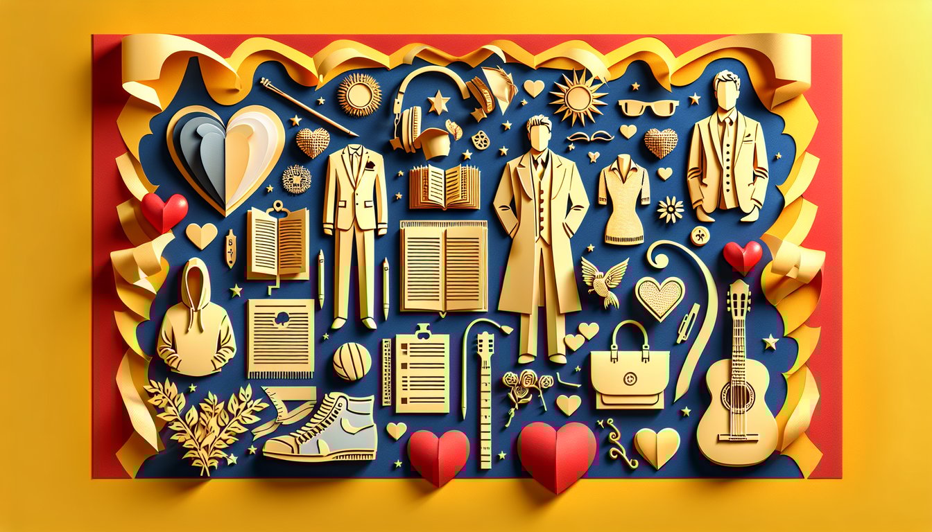 Paper art style illustration of stylized couple, heart icons, quiz title on golden yellow background.