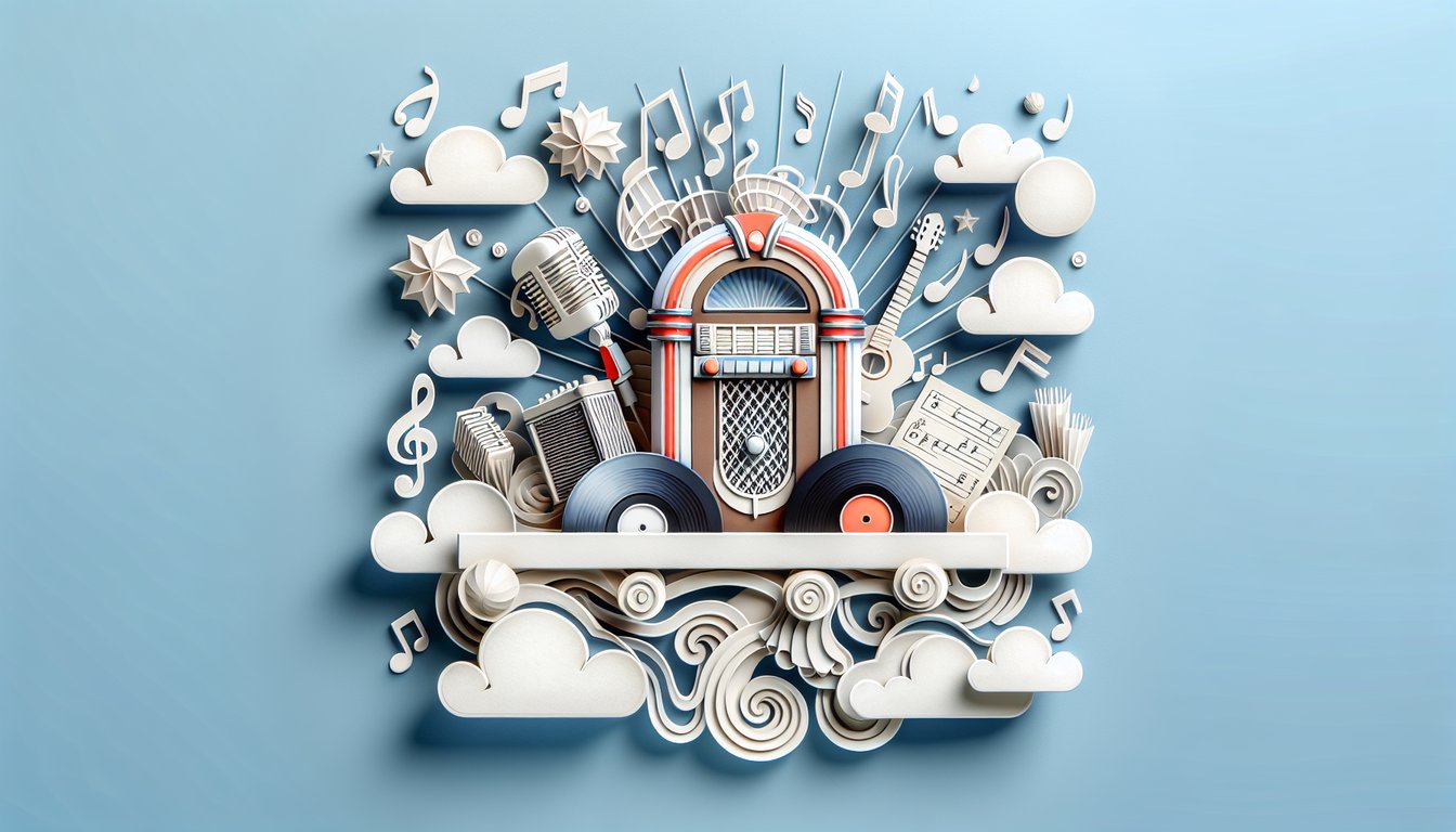 Paper cut vinyl record and music notes on sky blue background for One Hit Wonders trivia quiz