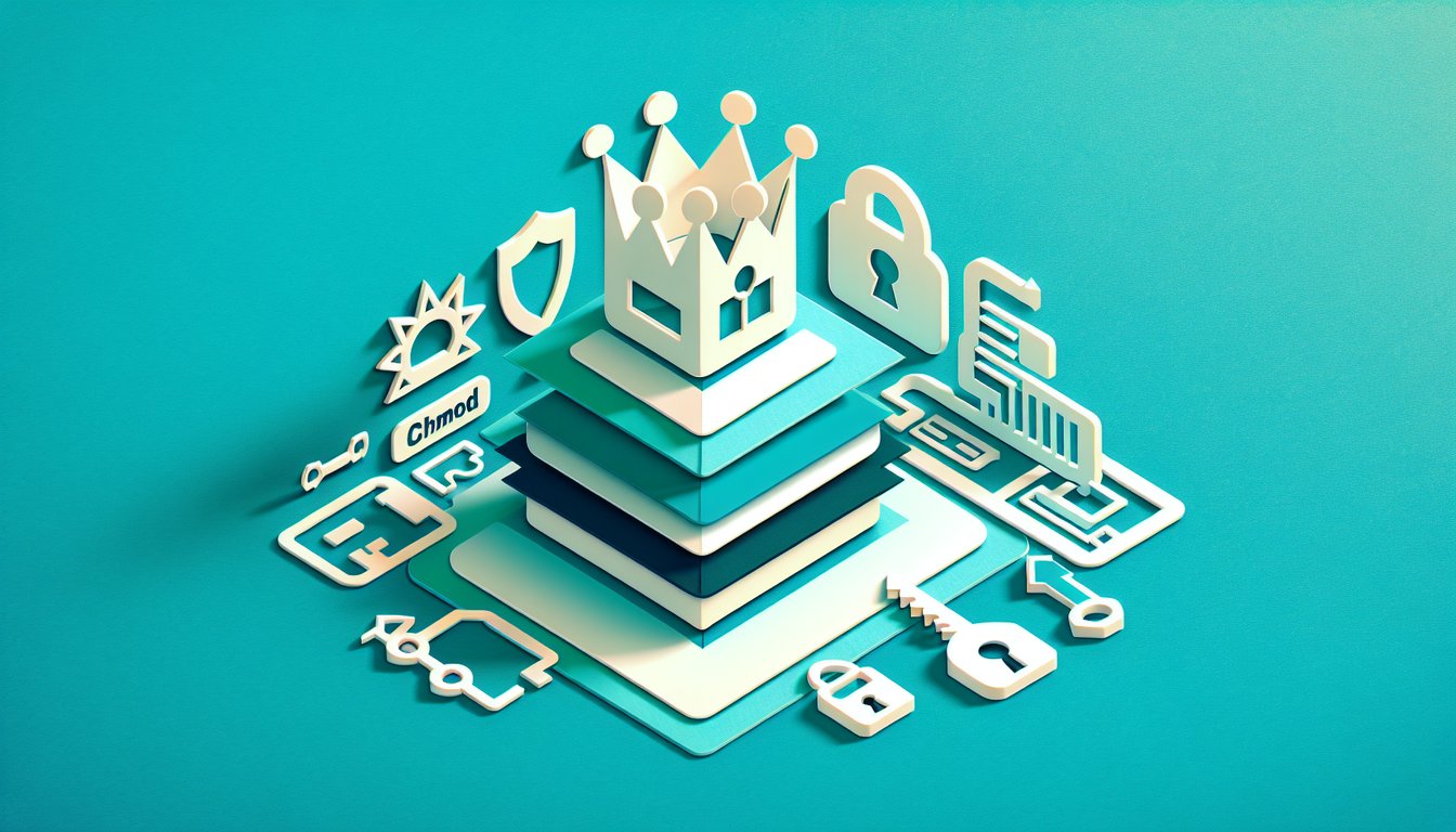 Paper art illustration showcasing Linux file permissions quiz with chmod chown permission icons on teal background