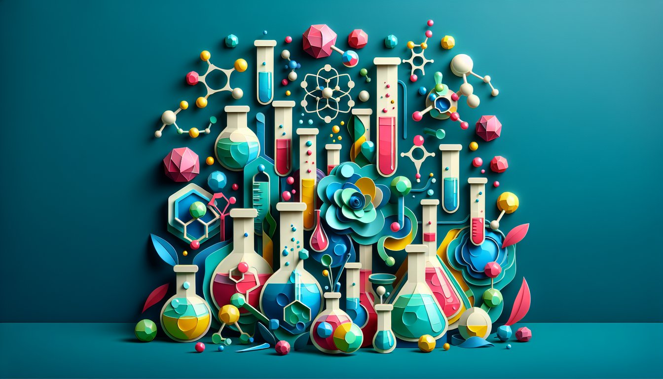Paper art of molecules and lab glassware with periodic table icons on teal background promoting free ultimate chemistry quiz