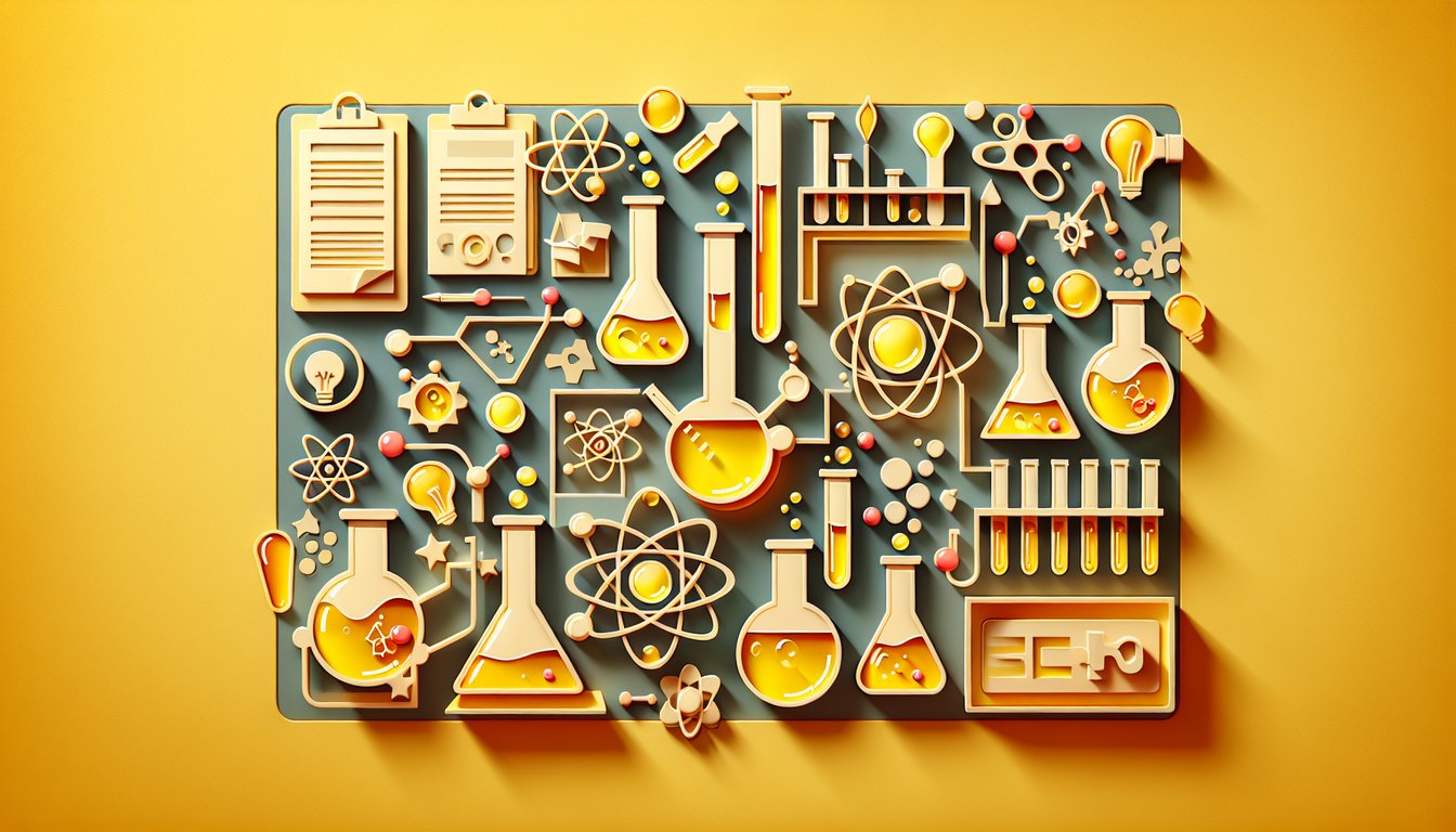Paper art illustration of chemistry tools and symbols on golden yellow background for a personality chemistry quiz