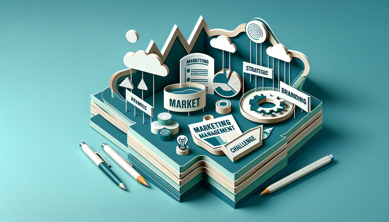Teal background with paper art icons for marketing management quiz including bar chart, target, lightbulb, paper plane.