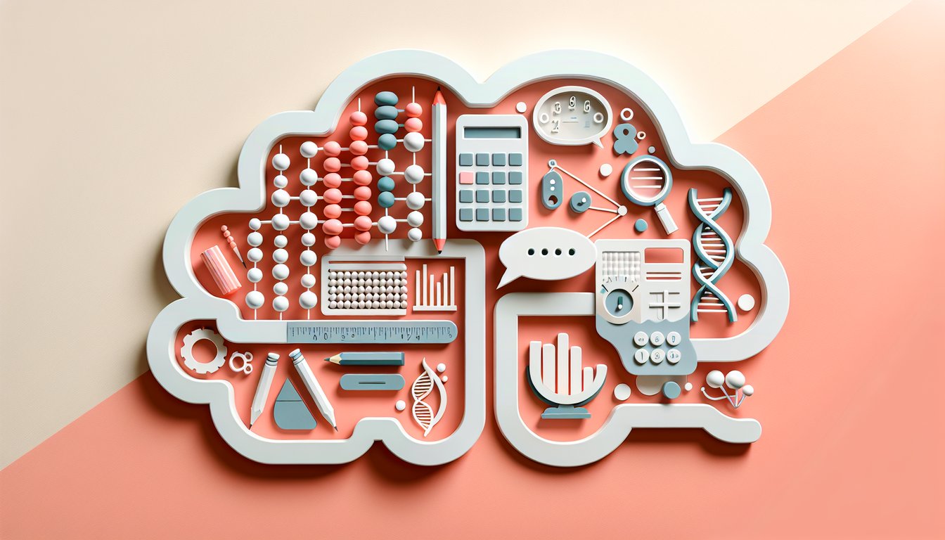 Paper art style quiz with math verbal science icons books pencil gears lightbulb on coral background