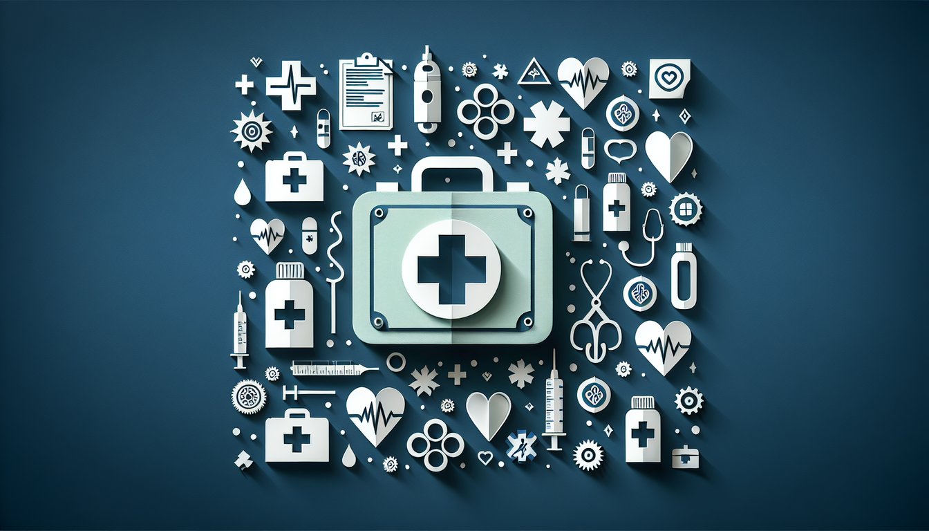 Colorful paper art displaying symbols related to First Aid Knowledge Assessment Quiz