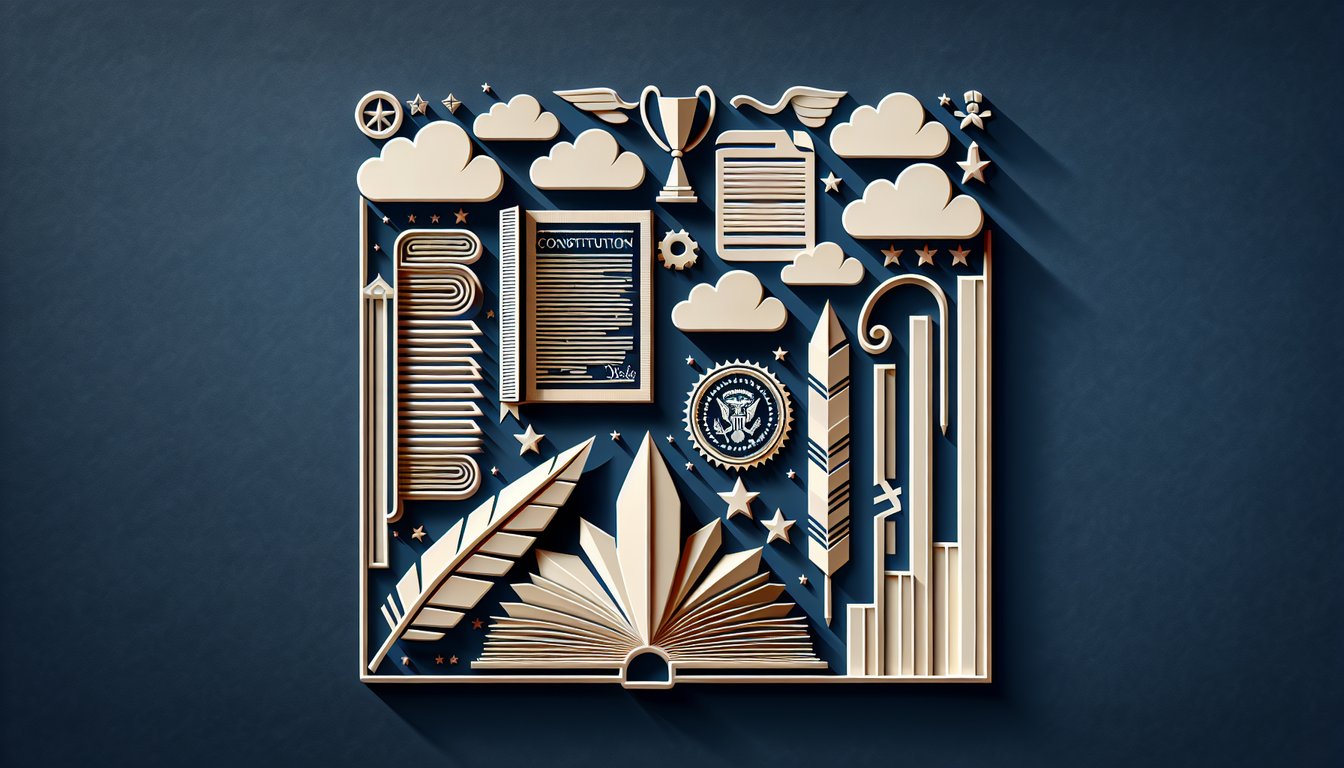 Paper art illustration showing constitution text pages folded into a question mark and star shapes on dark blue background.