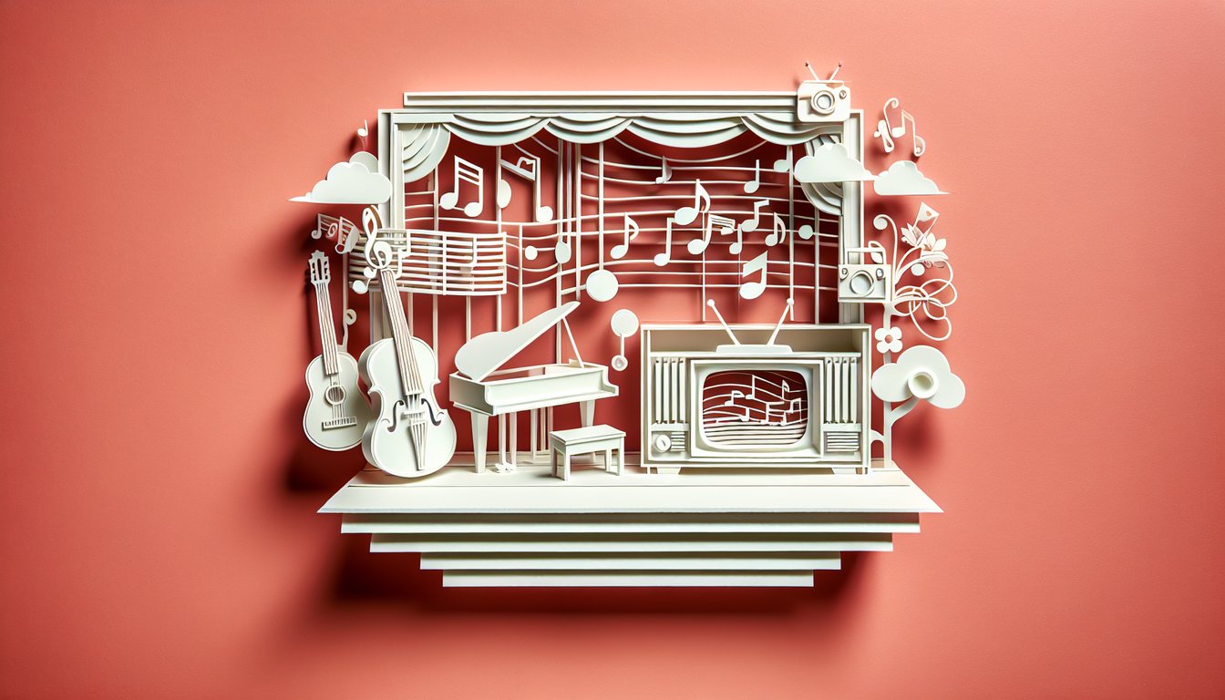 Paper art illustration on coral background with piano keys music notes and Cosby Show cameo for Alicia Keys quiz