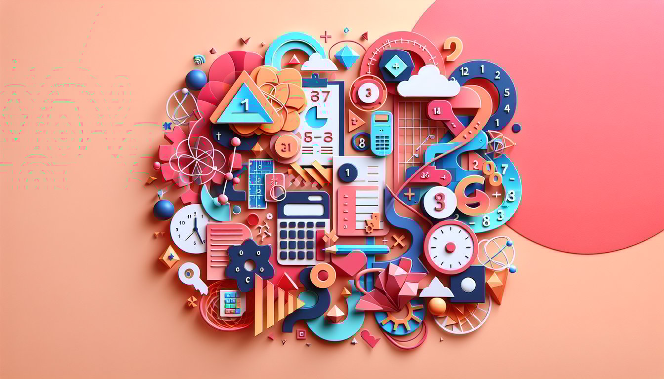 Paper art illustration for 6th grade math IQ test quiz on a coral background