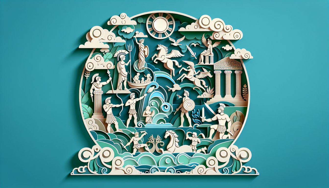 Paper art quiz design featuring Percy Jackson demigod symbols mythology motifs and adventure elements on teal background