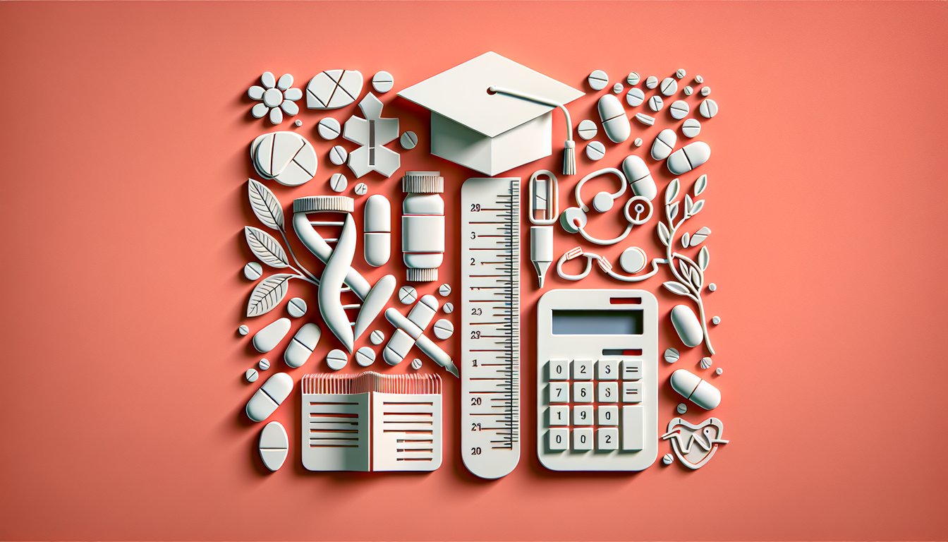 Paper art illustration shows medication vials, pills, syringe, dosage chart and quiz prompt on coral background