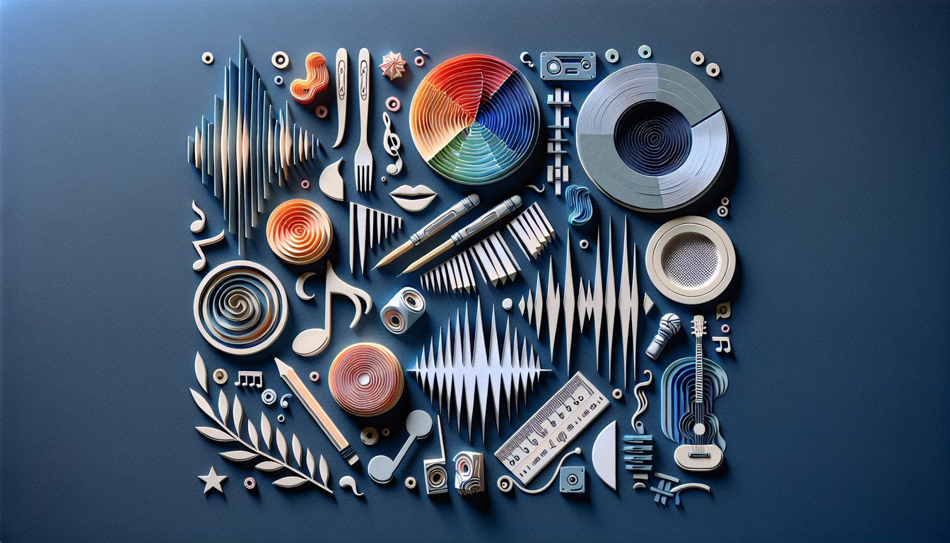 Paper art illustration for misophonia test highlighting chewing and tapping noises on dark blue background