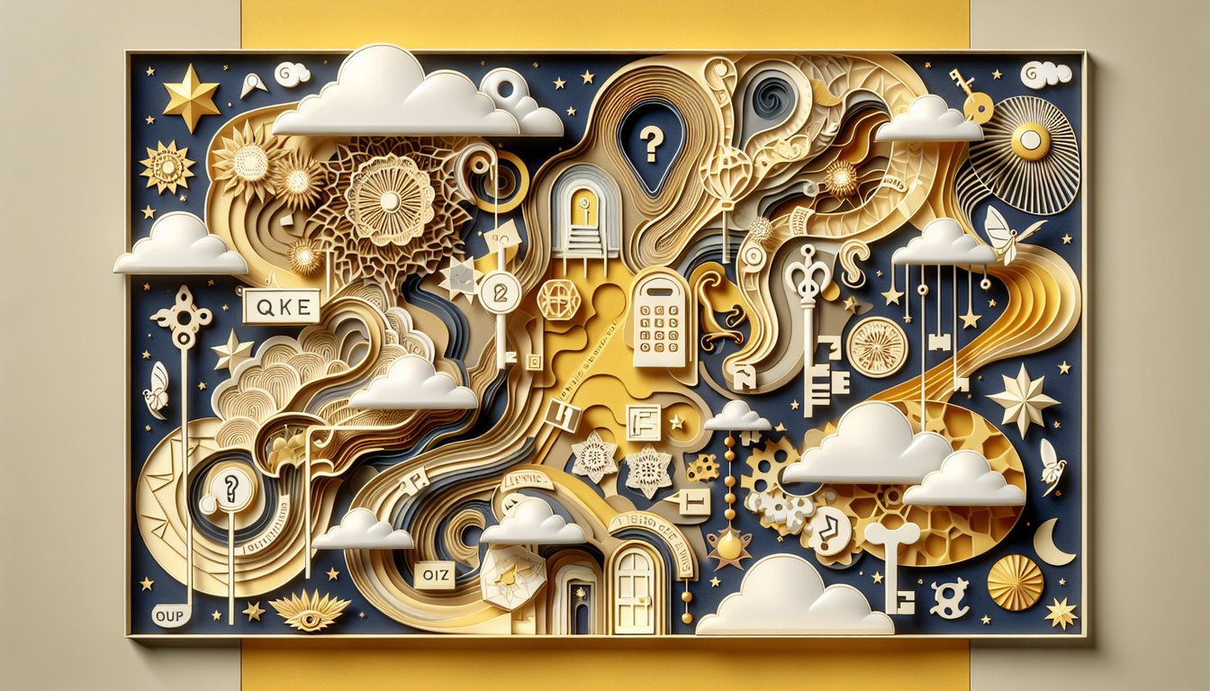 Paper art illustration with floating clouds stars and an open book symbolizing lucid dream quiz on golden yellow background.