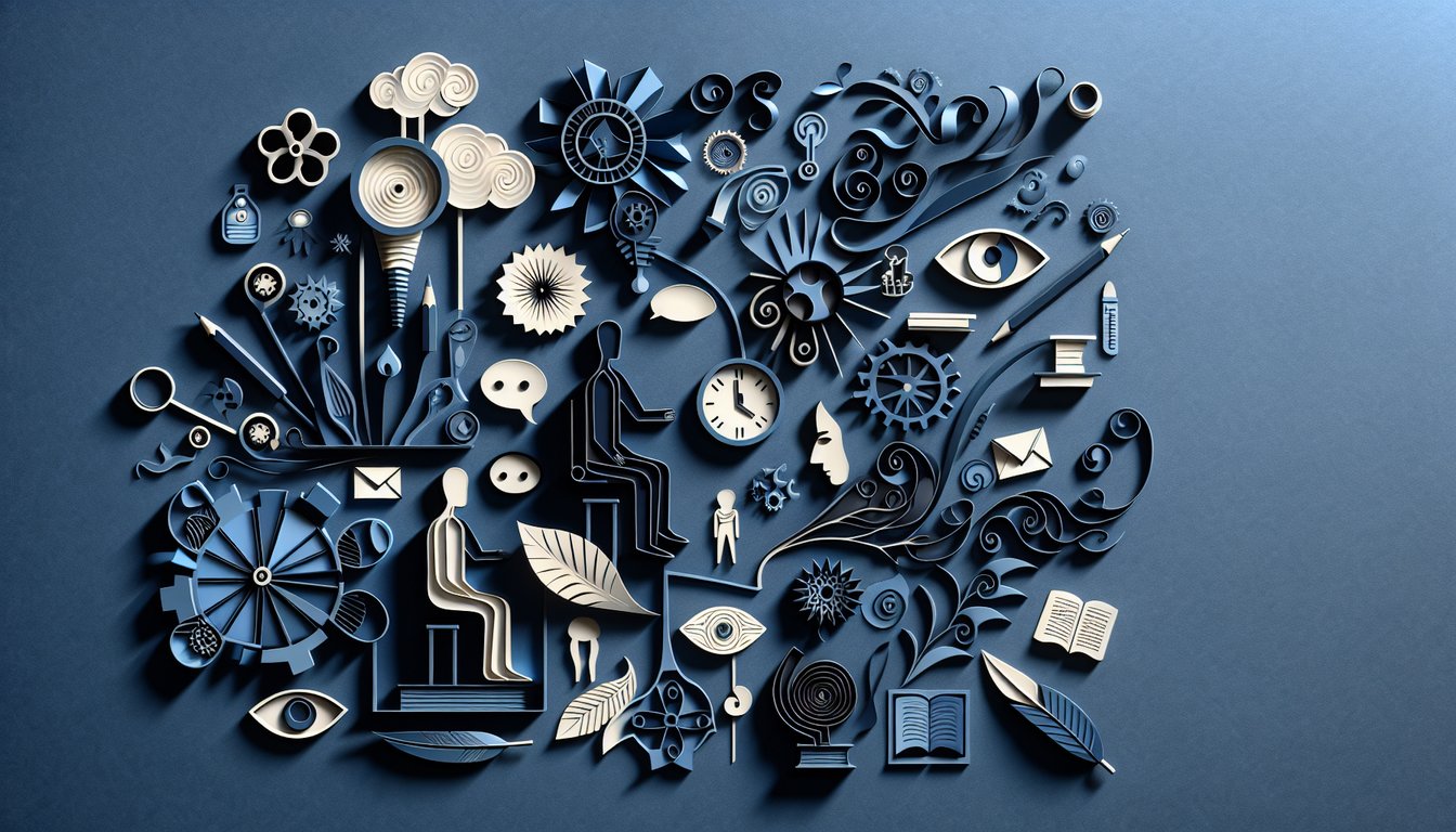 Paper art book pages text symbolizing AP English Lit quiz themes metaphors character perception on dark blue background