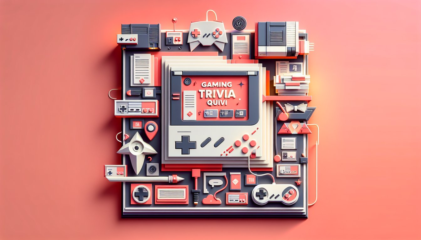 Paper art illustration of Conker from Bad Fur Day holding a blade amid N64 icons and quiz motifs on coral background