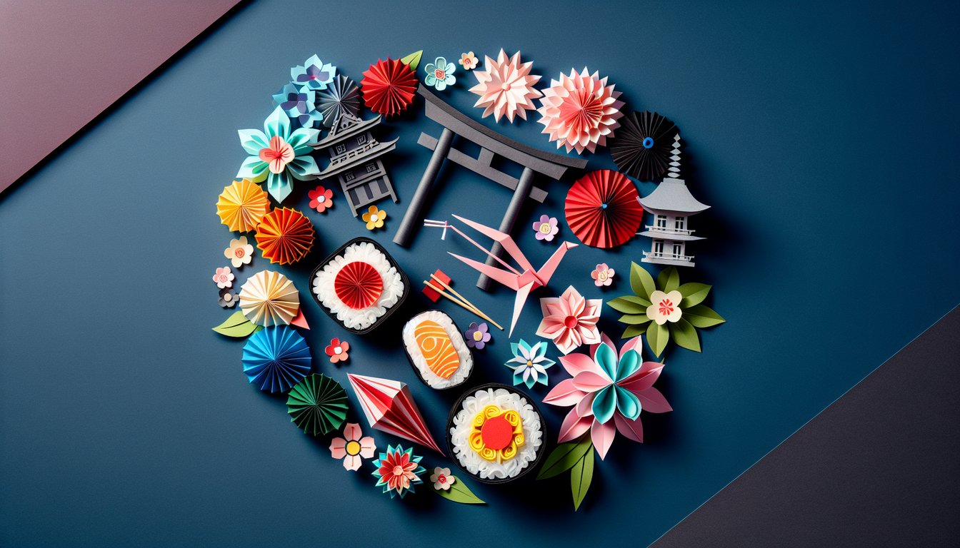 Colorful paper art depicting elements related to a Japanese Language Learning Quiz.