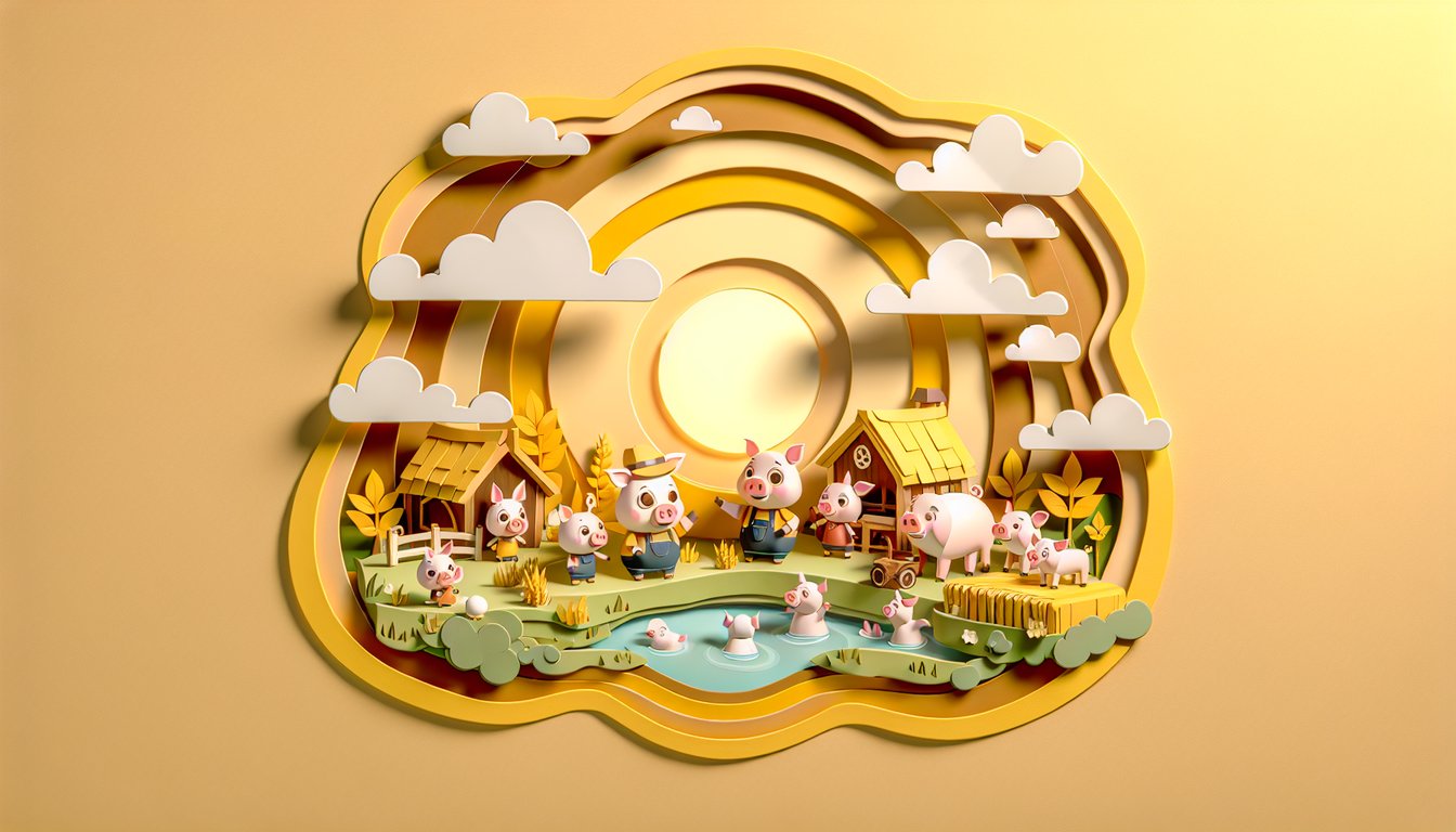 Paper art style Peppa Pig quiz scene with playful characters and trivia elements on golden yellow background.