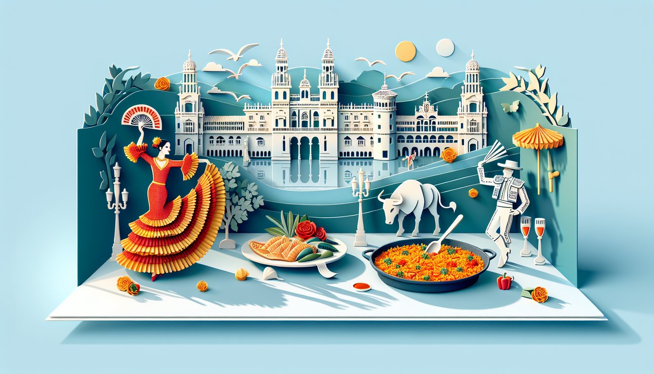 Paper art illustration of flamenco dancer guitar paella siesta buildings on sky blue background for Spanish culture quiz