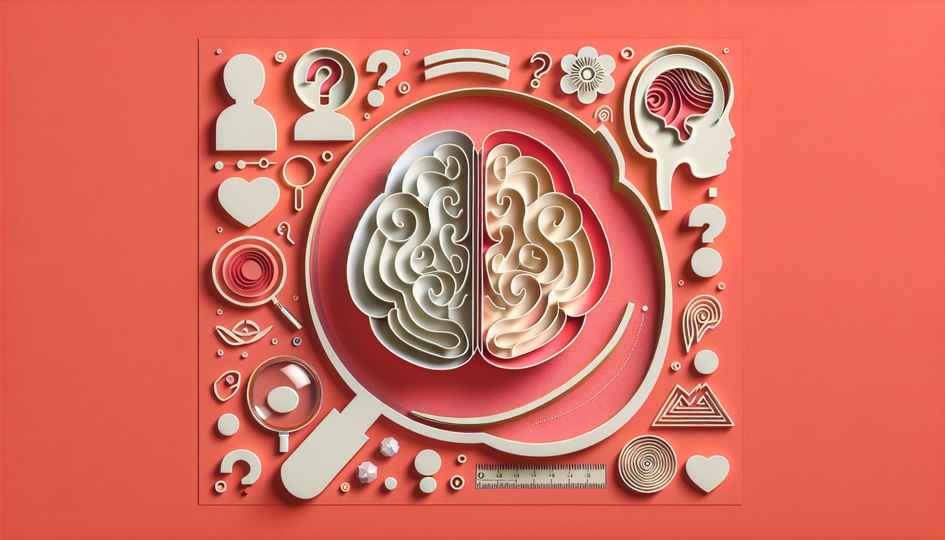 Paper art brain puzzle pieces with magnifying glass and question marks on coral background, quiz text shapes