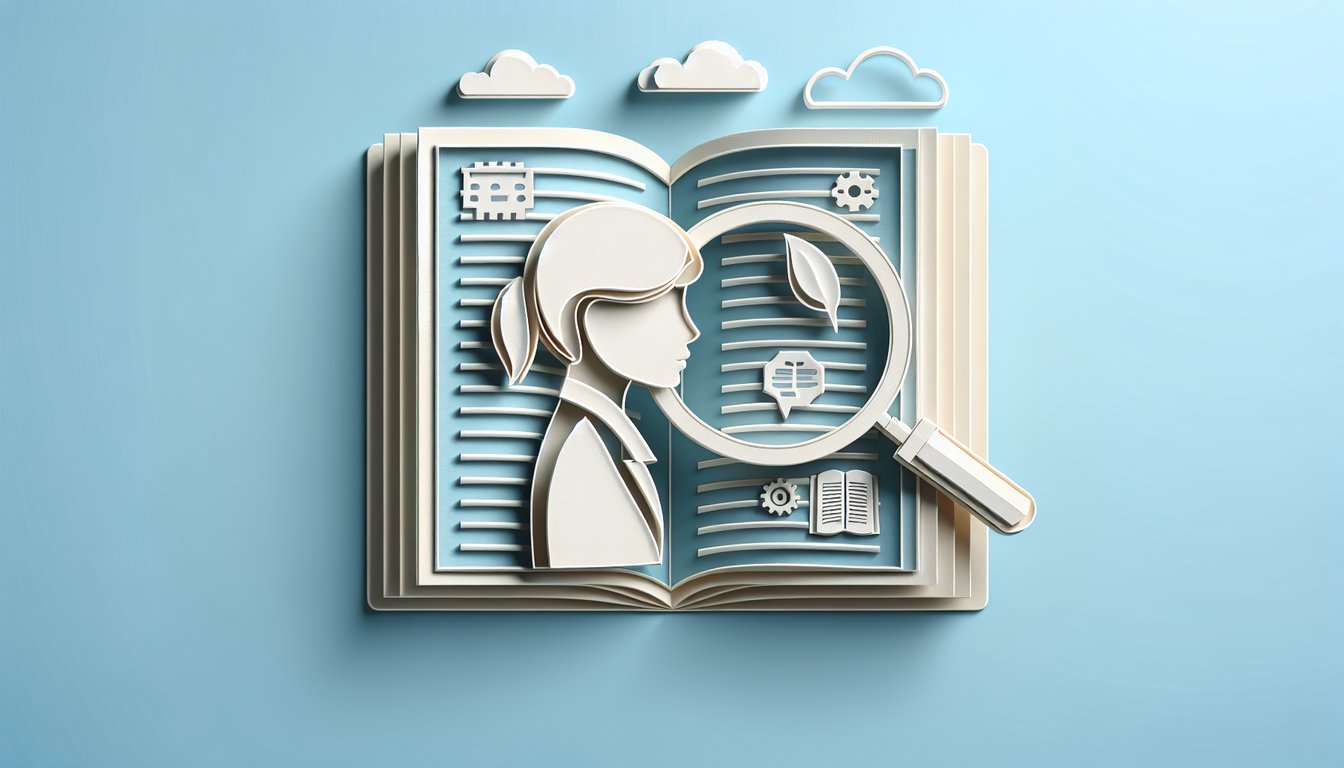 Paper art illustration for a reading comprehension and critical thinking quiz on a sky blue background