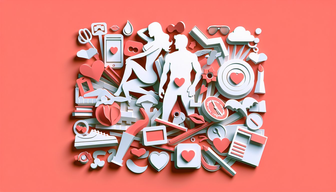Paper cut illustration with layered hearts question mark and stylized silhouettes on coral background for cuck quiz
