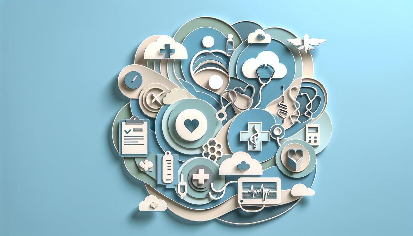 Paper art style nurse holding brain and clipboard quiz icons mental health theories on sky blue background