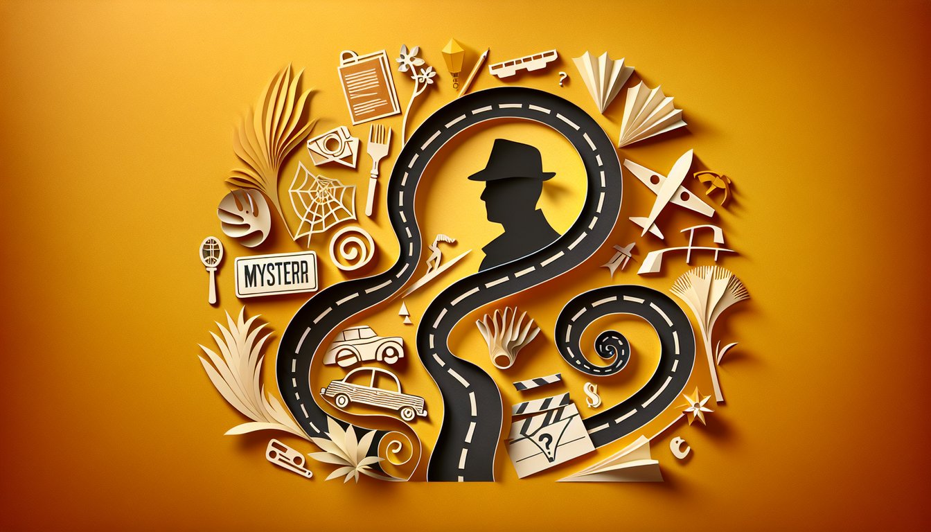 Paper art collage of gangster silhouettes, film reel, trivia icons on golden yellow background.