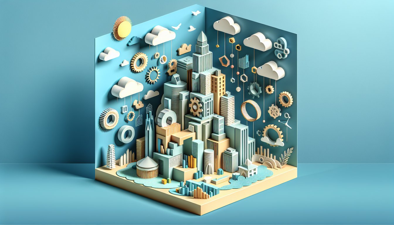 Paper art showing overlapping shapes colors and objects evoking Gestalt principles and object recognition on sky blue