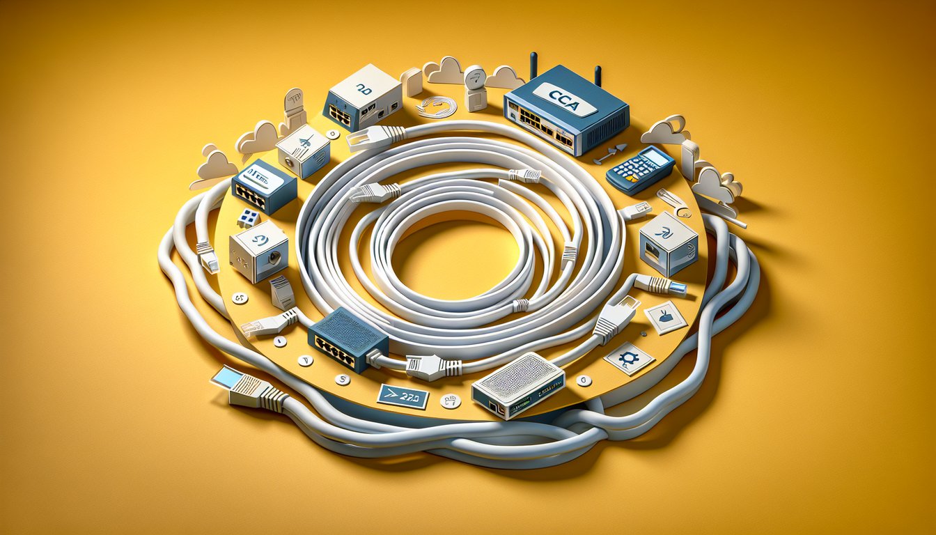 Paper art illustration for a CCNA mock test quiz on a golden yellow background