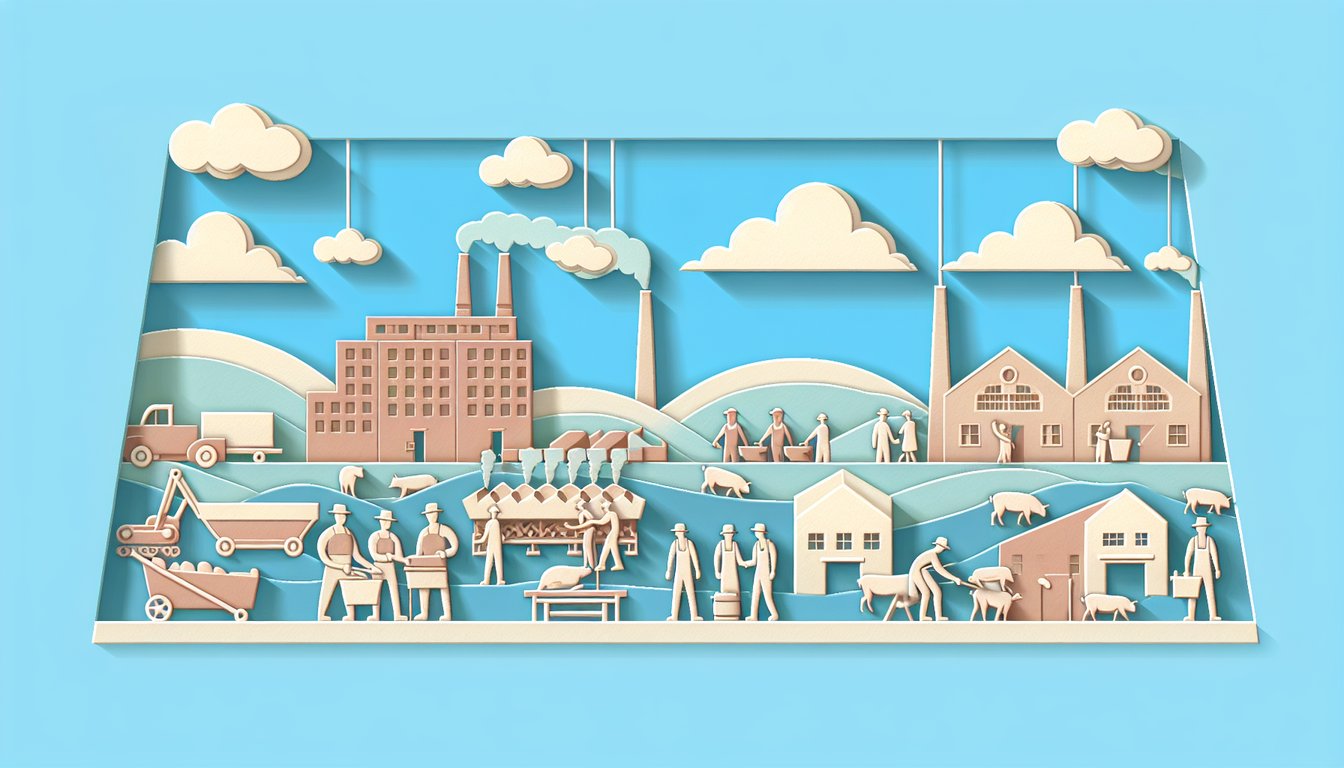 Paper art illustration of meatpacking scene and book motif for The Jungle quiz on sky blue background