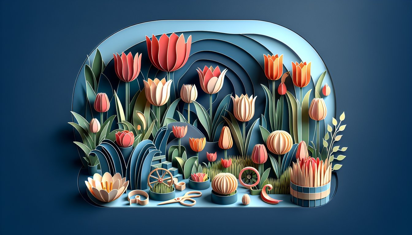 Paper art illustration for tulip quiz with floral facts, history, and legends on a dark blue background.